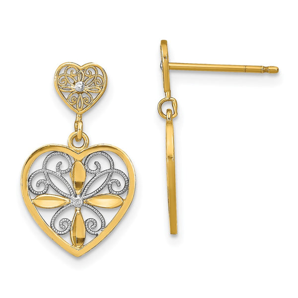 14K White Gold Rose & Heart Dangle Earrings - Beaded Filigree