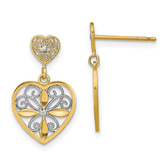 Exclusive 14K White Gold Rose & Heart Dangle Earrings - Stylish Beaded Filigree