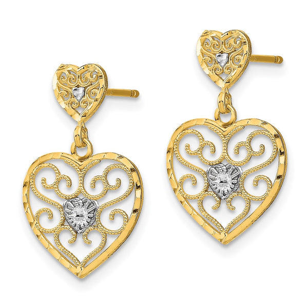 14K White Gold Heart-Shaped Dangle Earrings - Filigree