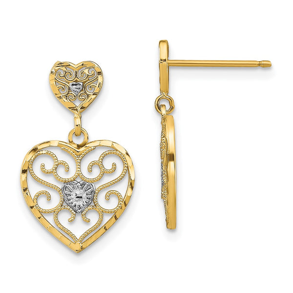 14K White Gold Heart-Shaped Dangle Earrings - Filigree