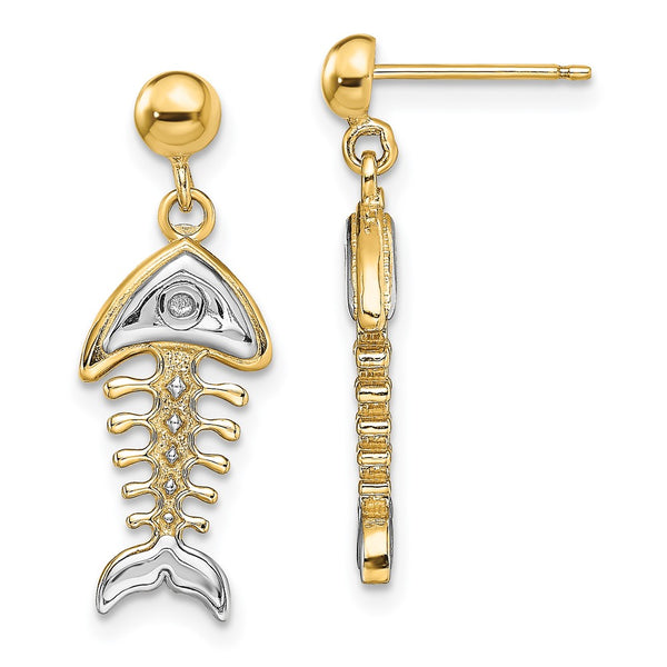 14K White Gold Rhodium-Plated Fishbone Dangle Earrings