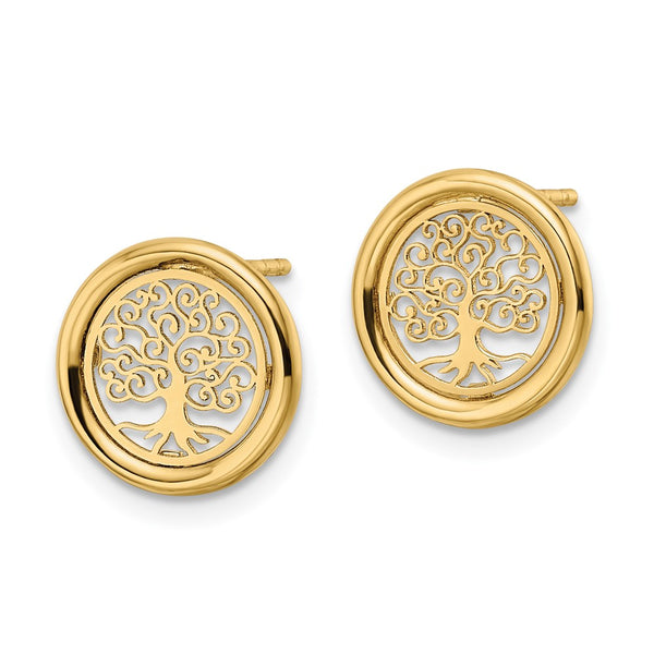 14K Gold Polished Tree of Life Circle Stud Earrings