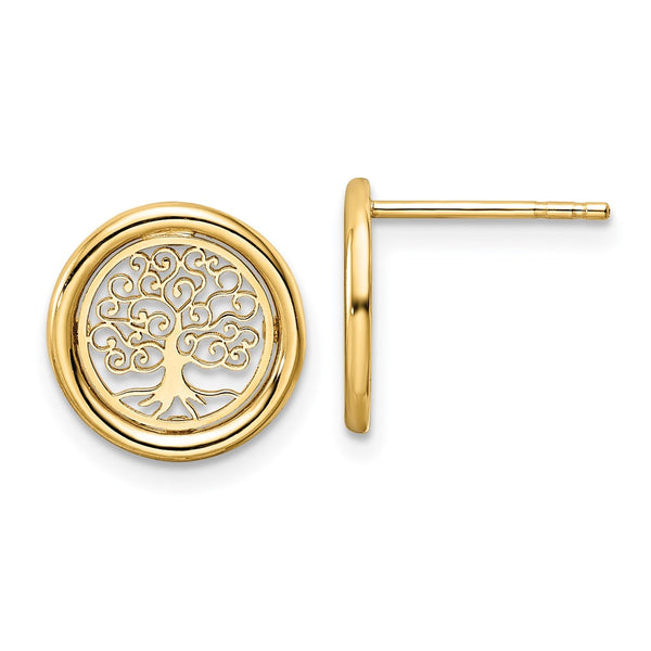 14K Gold Polished Tree of Life Circle Stud Earrings