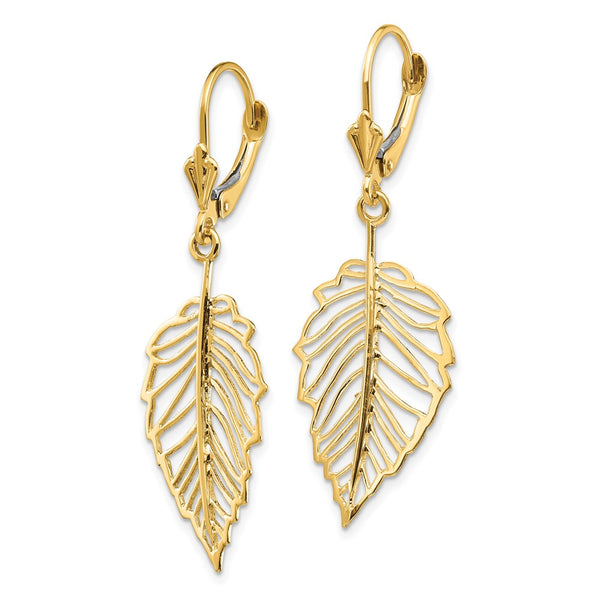 14K Gold Polished Leaf Design Leverback Earrings, 1.5" Long