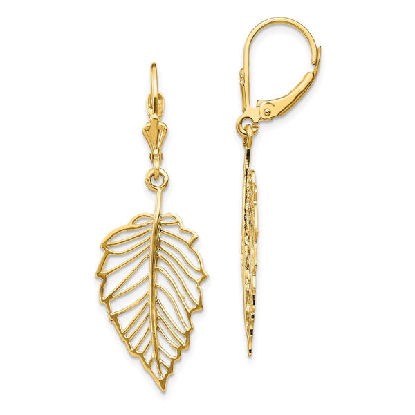 14K Gold Polished Leaf Design Leverback Earrings, 1.5" Long