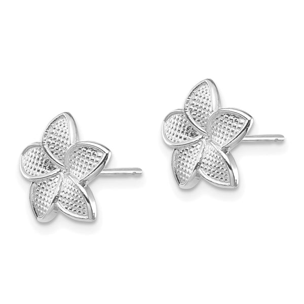 14K White Gold Plumeria Stud Earrings - Polished Textured