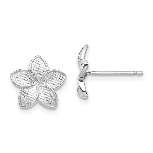 14K White Gold Plumeria Stud Earrings - Polished Textured