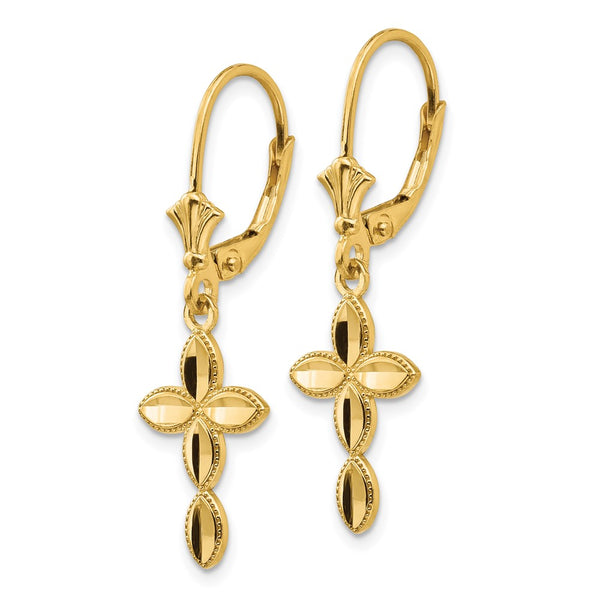 14K Gold D/C Cross Leverback Earrings