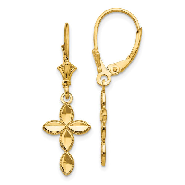 14K Gold D/C Cross Leverback Earrings