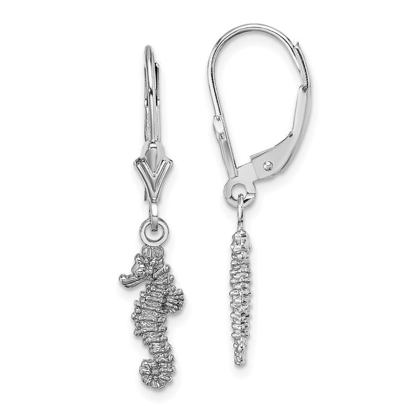 14K White Gold 3D Seahorse Leverback Earrings
