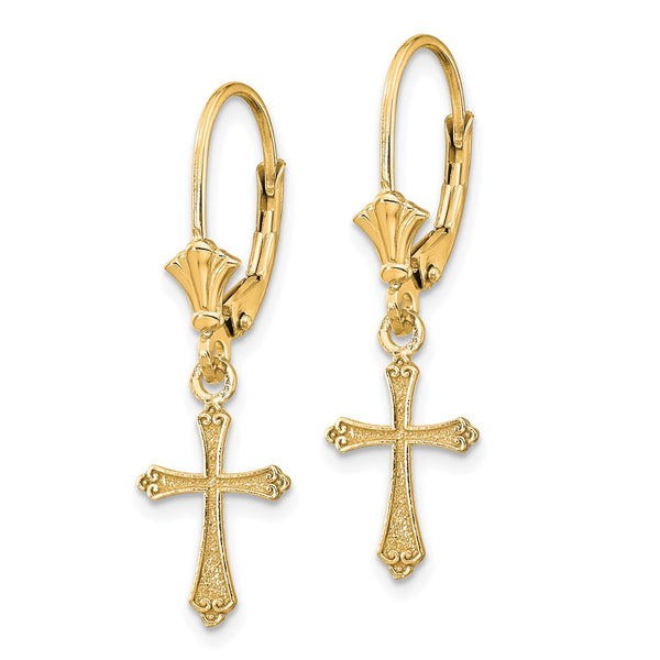 14K Gold Cross Leverback Earrings