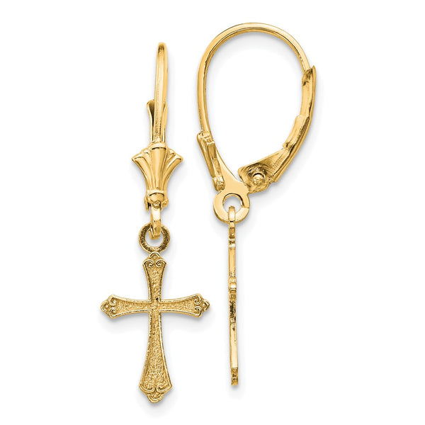 14K Gold Cross Leverback Earrings