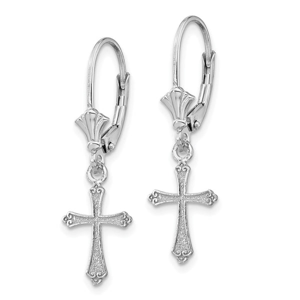 14K White Gold Cross Drop Earrings - Leverback