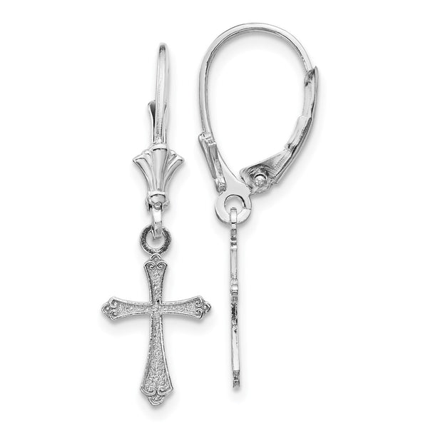 14K White Gold Cross Drop Earrings - Leverback
