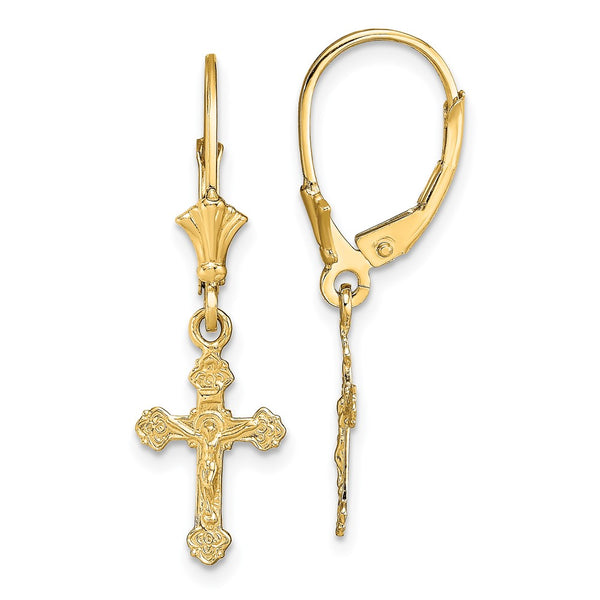 14K Gold Crucifix Leverback Earrings