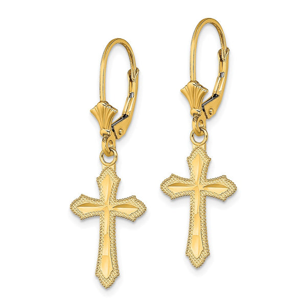 14K Gold D/C Cross Leverback Earrings - Beaded Edge