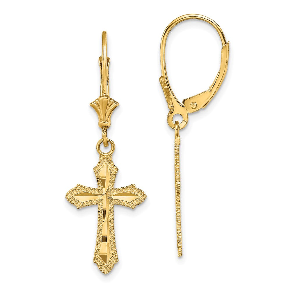 Buy 14K Gold D/C Cross Leverback Earrings - Stylish Beaded Edge Design