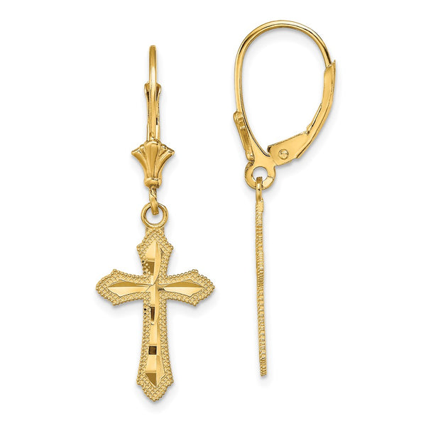 14K Gold D/C Cross Leverback Earrings - Beaded Edge