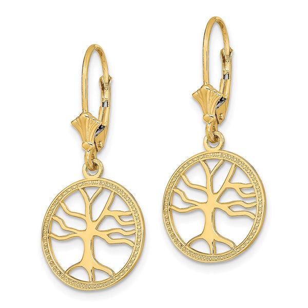 14K Gold Tree of Life Leverback Earrings - Round Frame