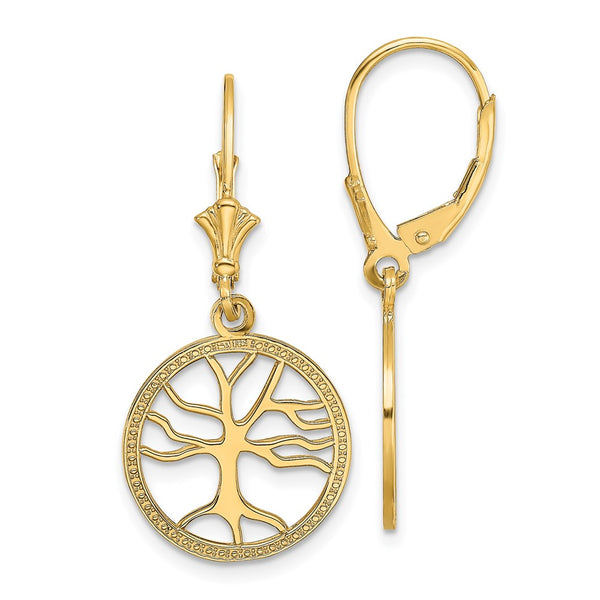 14K Gold Tree of Life Leverback Earrings - Round Frame