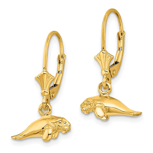 14K Gold Mini Manatee Leverback Earrings - 3D Polished
