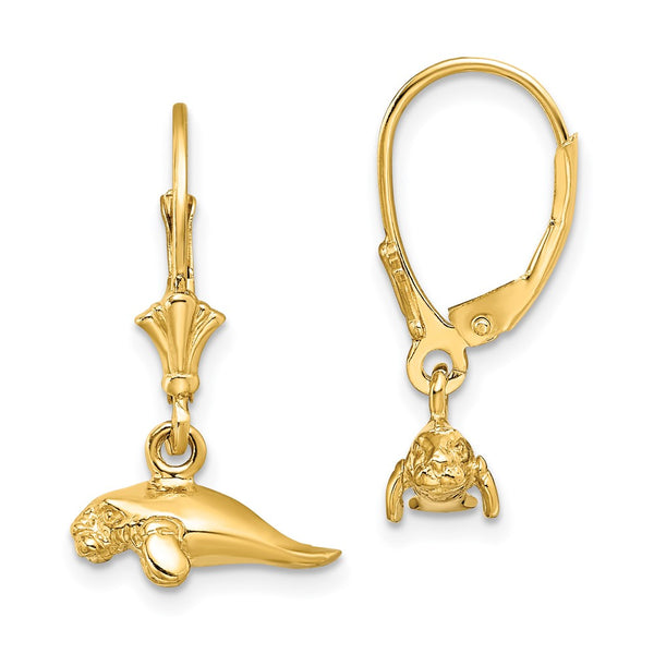14K Gold Mini Manatee Leverback Earrings - 3D Polished
