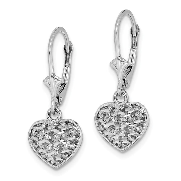 14K White Gold Mini Puffed Heart Leverback Earrings - 3D