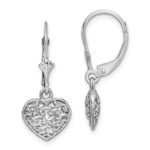 14K White Gold Mini Puffed Heart Leverback Earrings - 3D