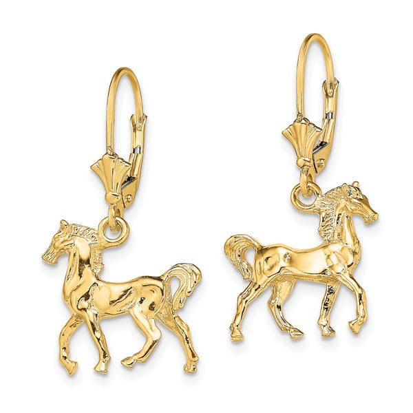 14K Gold 3D Polished Horse Leverback Earrings