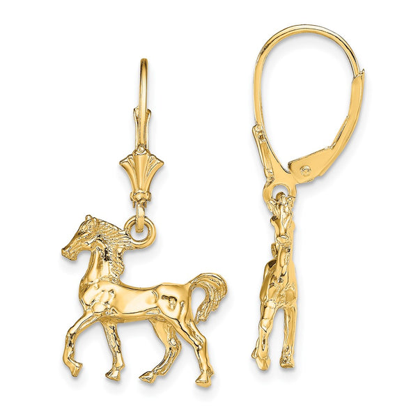 14K Gold 3D Polished Horse Leverback Earrings