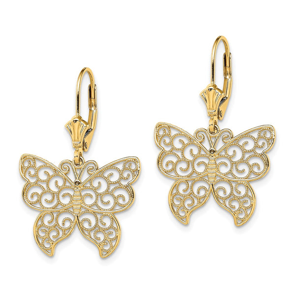 14K Gold Butterfly Leverback Earrings - Beaded Filigree