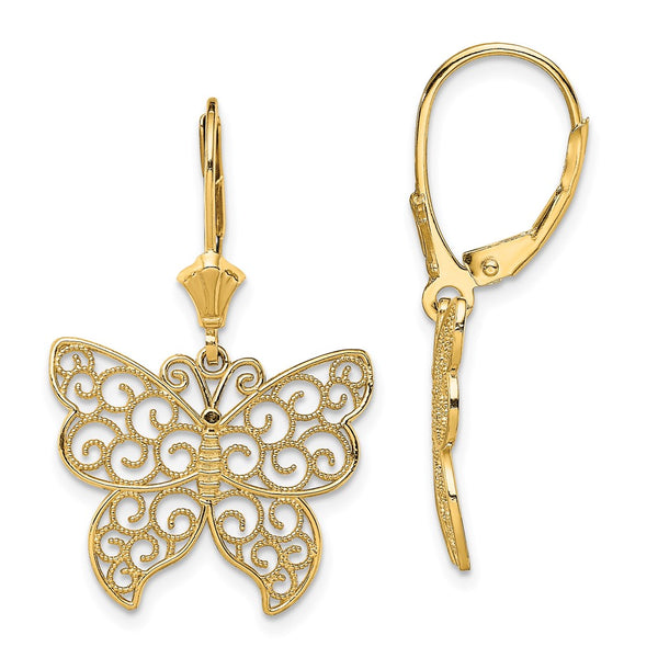 14K Gold Butterfly Leverback Earrings - Beaded Filigree