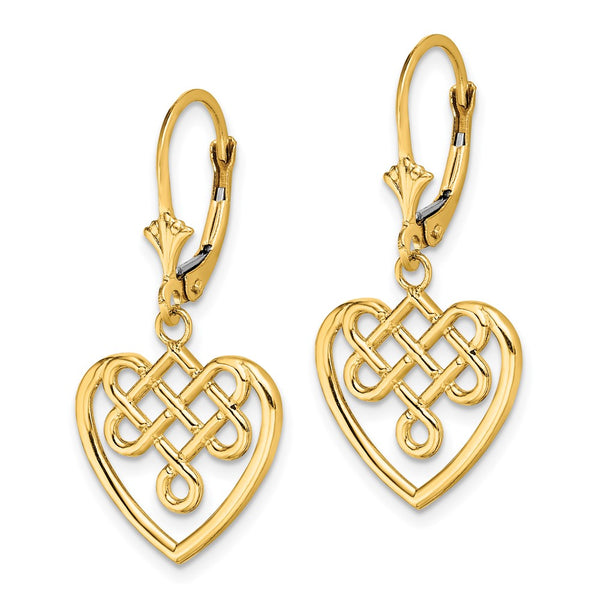 14K Gold Celtic Heart Knot Leverback Earrings