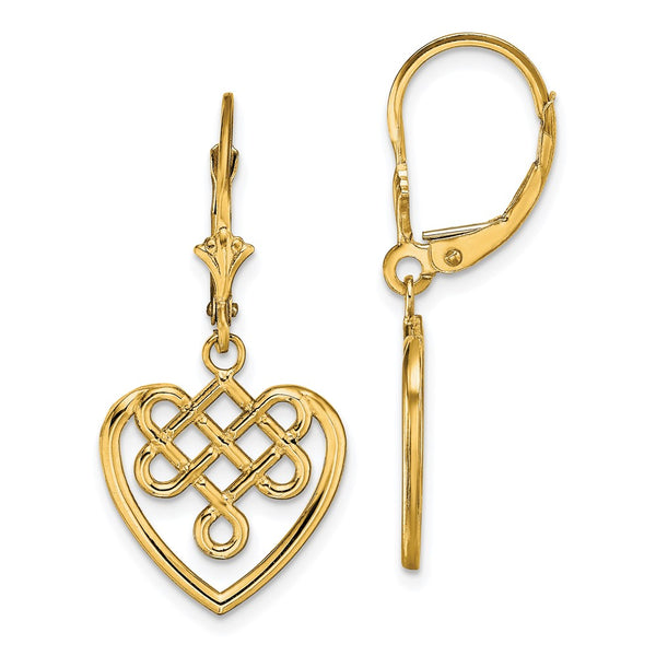 14K Gold Celtic Heart Knot Leverback Earrings