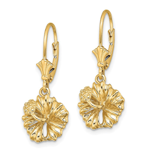 14K Gold Textured Hibiscus Flower Leverback Earrings