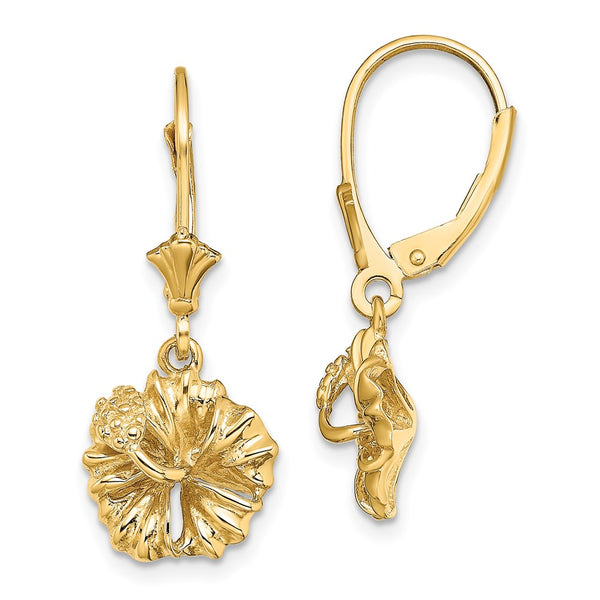 14K Gold Textured Hibiscus Flower Leverback Earrings