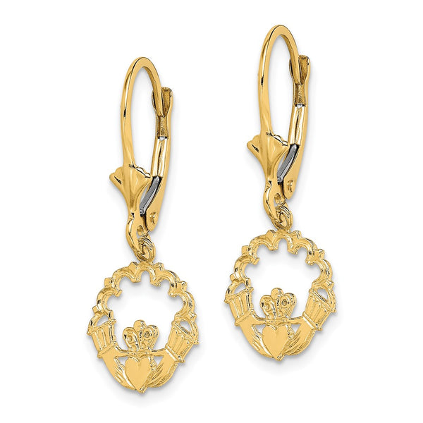 14K Gold Polished Claddagh Leverback Earrings