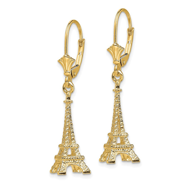 14K Gold 3D Eiffel Tower Leverback Earrings