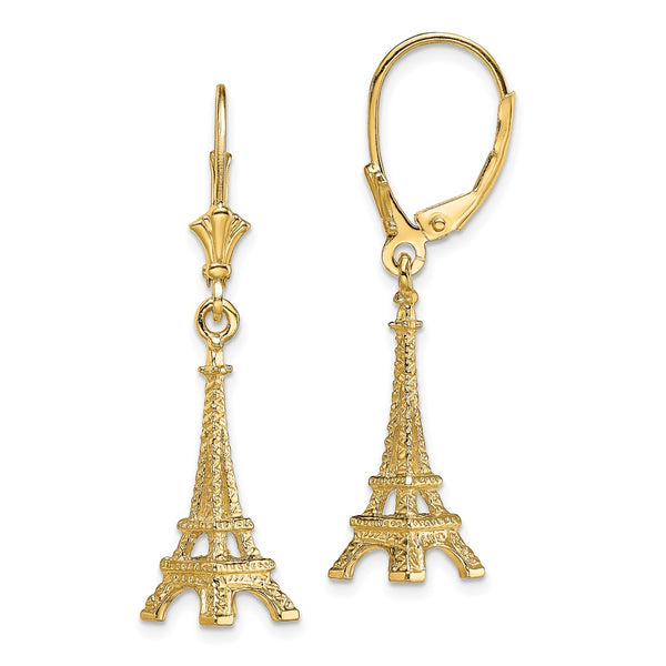 14K Gold 3D Eiffel Tower Leverback Earrings