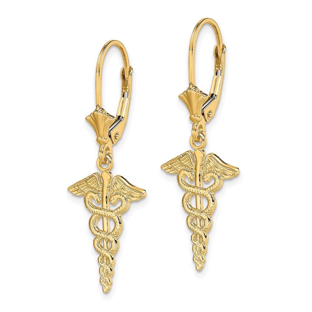 Buy Stylish 14K Gold Caduceus Leverback Earrings - High-Quality & Affordable!