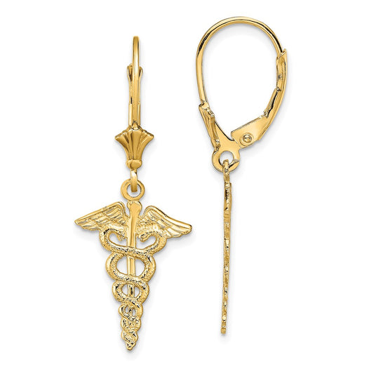 Buy Stylish 14K Gold Caduceus Leverback Earrings - High-Quality & Affordable!