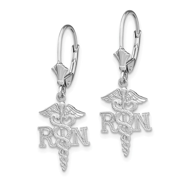 14K White Gold Caduceus RN Leverback Earrings