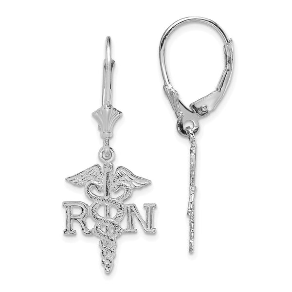 14K White Gold Caduceus RN Leverback Earrings