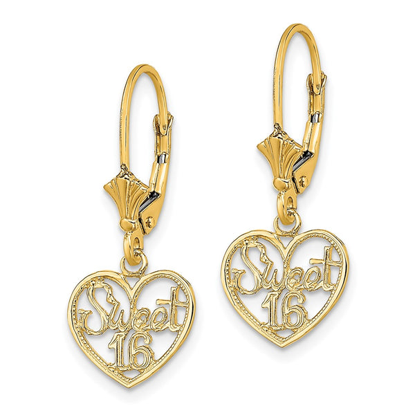14K Gold Sweet 16 Heart Dangle Earrings