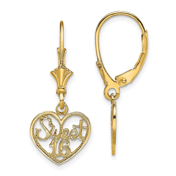 14K Gold Sweet 16 Heart Dangle Earrings