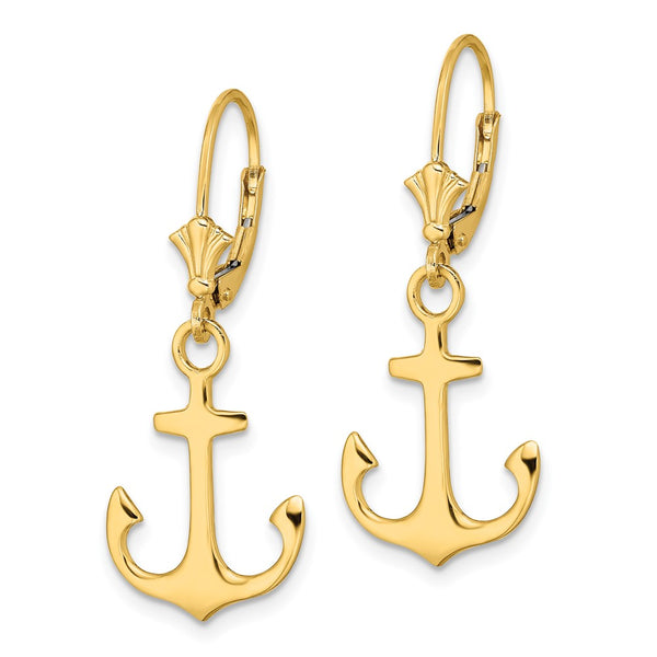 14K Gold Polished 2-D Anchor Leverback Earrings