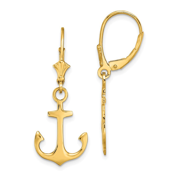 14K Gold Polished 2-D Anchor Leverback Earrings