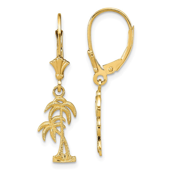 14K Gold Palm Tree Leverback Earrings - 12mm