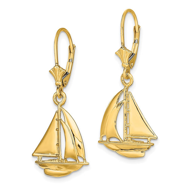 14K Gold 3D Polished Sailboat Leverback Earrings