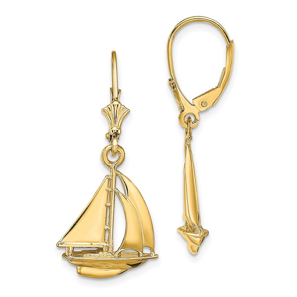 14K Gold 3D Polished Sailboat Leverback Earrings